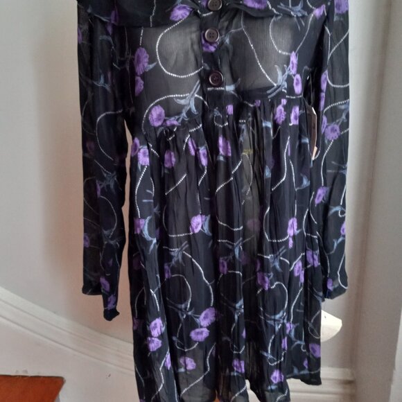 VINTAGE 90s Y2K EQUATION BLACK PURPLE CHIFFON BABYDOLL FLORAL DRESS NOS M - Picture 7 of 9